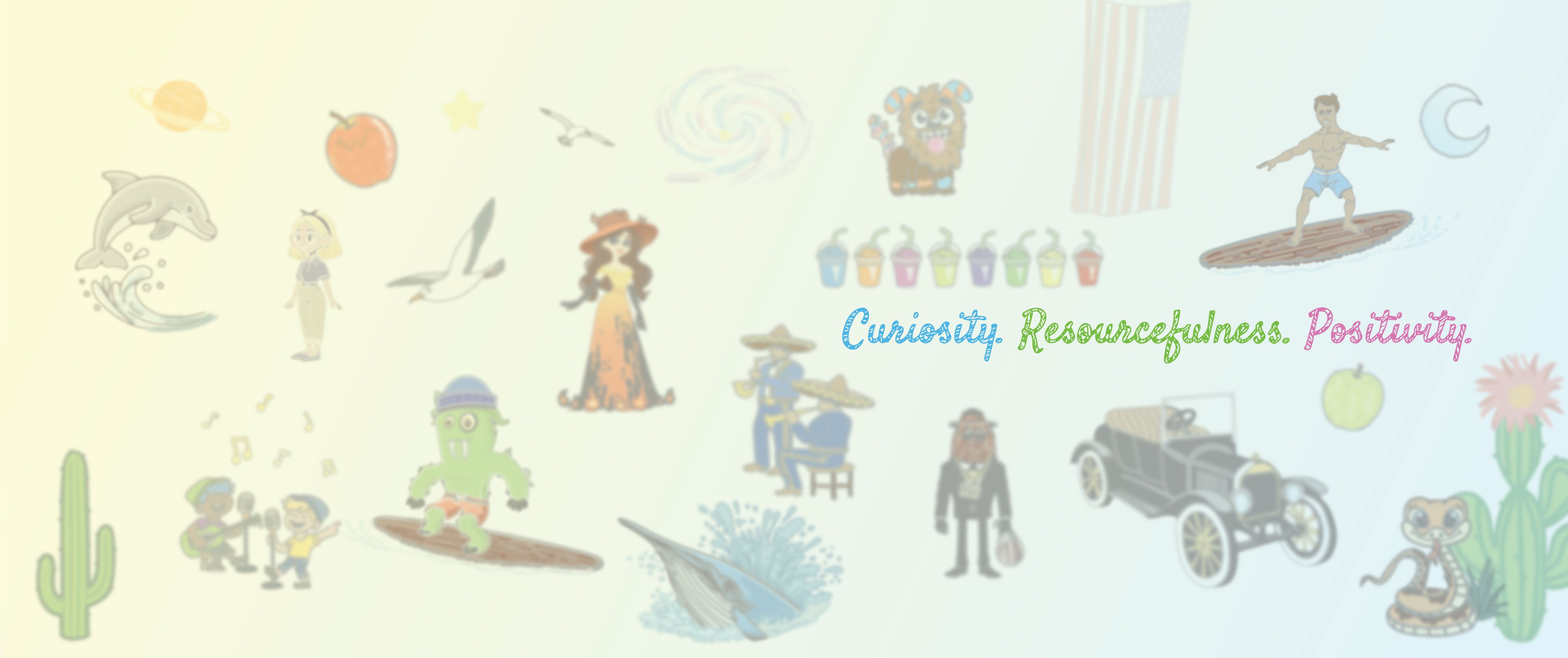 Curiosity. Resourcefulness. Positivity. message with background image of book introduction