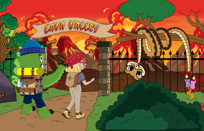 Ollie and Scout approaching the entrance to Lava Valley