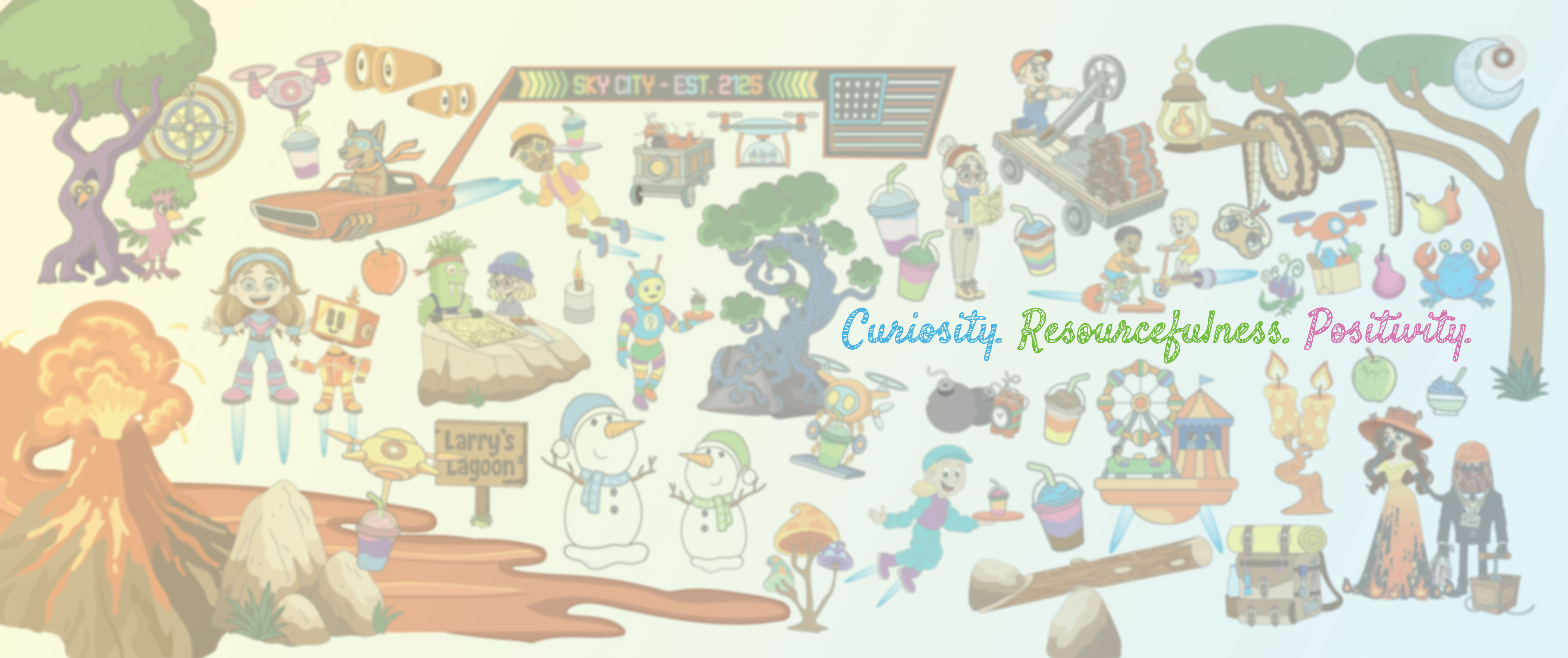 Curiosity. Resourcefulness. Positivity. message with background image of book introduction